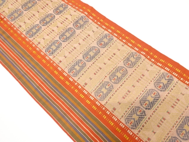 手織り紬　縞に抽象模様織り出し　名古屋帯